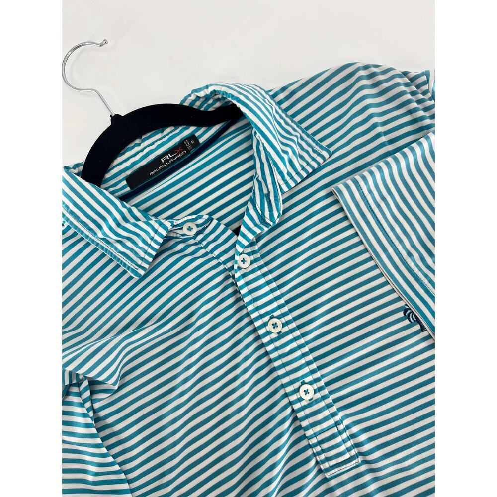 RLX Men's Short Sleeve Striped Polo Shirt Size Medium Aqua White Moisture Wick